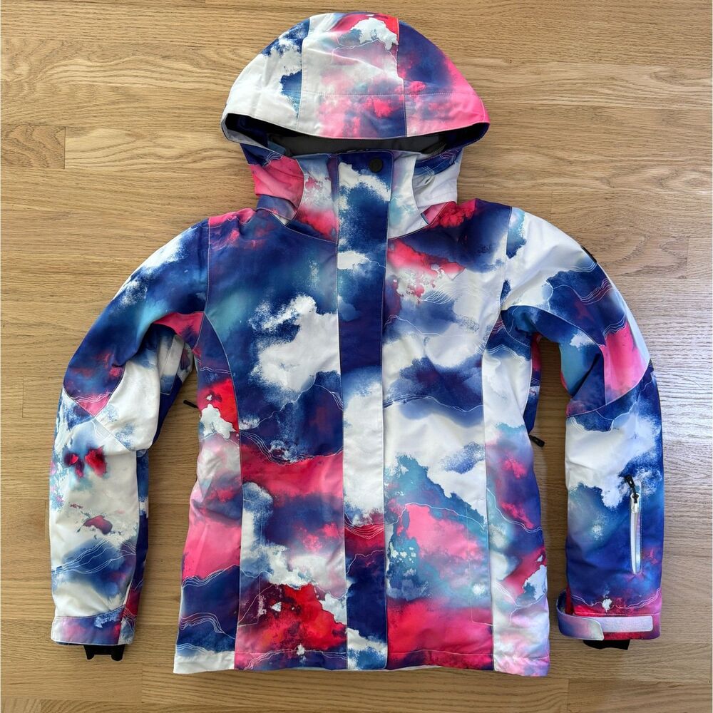 SMN Ski Snowboard Jacket Small Blue Pink Abstract Print Hooded Insulated Winter